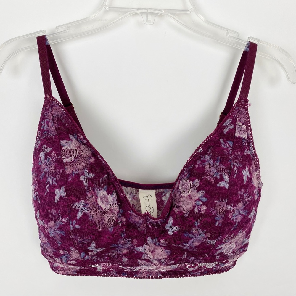 Jessica Simpson Floral Lace Wireless Adjustable Strap Bralette Womens M Plum
